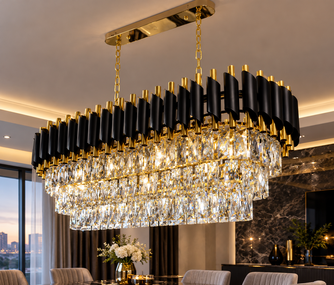 Elegant Sort &amp; Guld Loftlampe med Krystaller | 80 cm