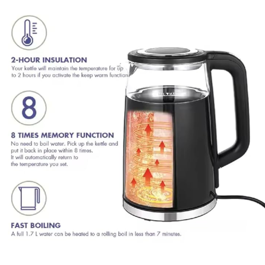 Michelino Digital Elkedel 1,7 L 2200 W - Rustfrit Stål/Glas - Sort