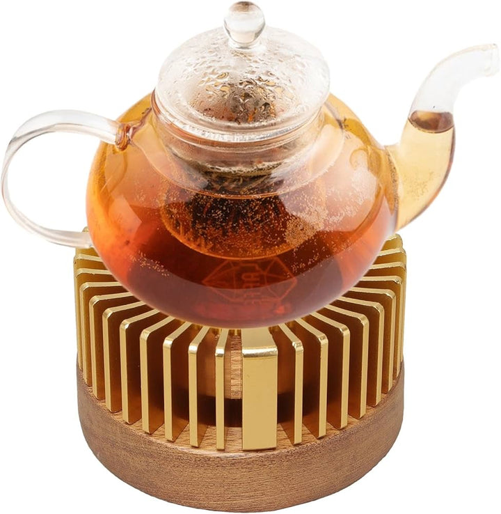 Tepottevarmer til Fyrfadslys - Rillet - Guld/Mørk Træ - 11x6 cm