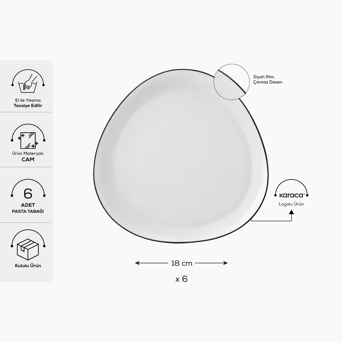 Karaca Sky Sortkant Desserttallerkensæt | 6 personer – 18 cm