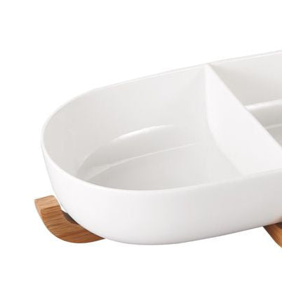 Bricard Loire 2-delt Serveringsskål med Stand | Hvid/Bambus – 40,4 x 22 x 7,7 cm