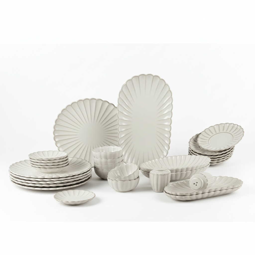 Almina Bloomy Morgenmadssæt til 6 personer - 31 dele - Bølget - Creme/Beige