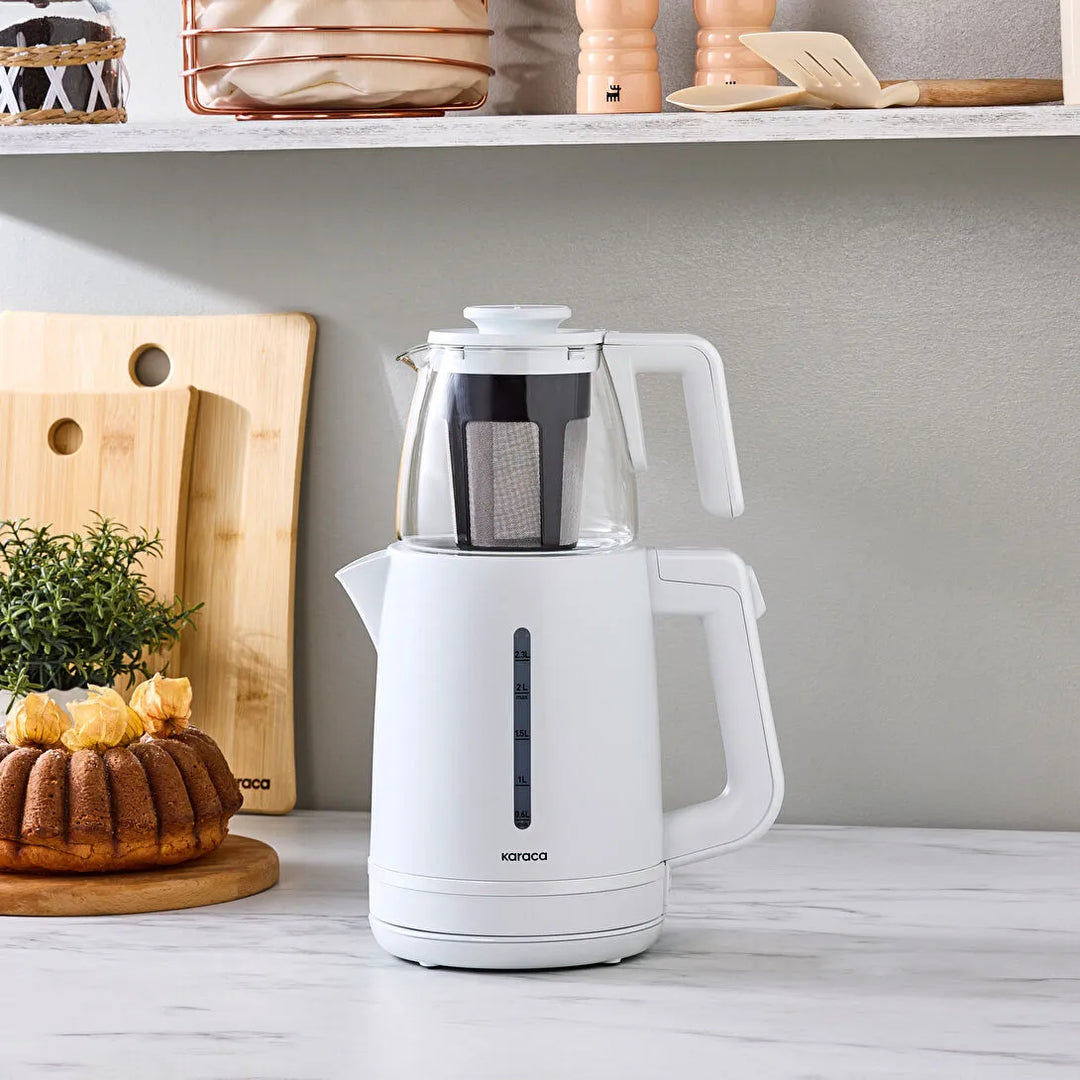 Karaca Tea Grande XL Temaskine 2-i-1 - Perlehvid - 3,55 Liter