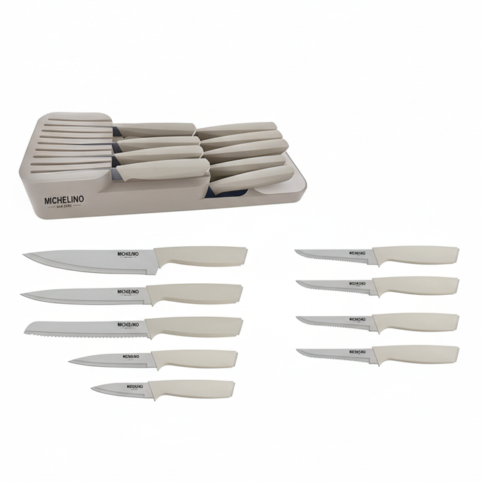 Michelino Alythia Knivsæt m/Holder – 10 Dele - Beige