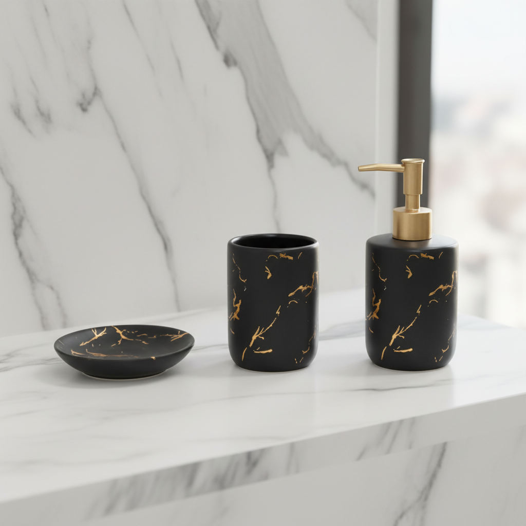 Karaca Home Marco Badeværelsessæt – 3 Dele - Sort/Guld Keramik