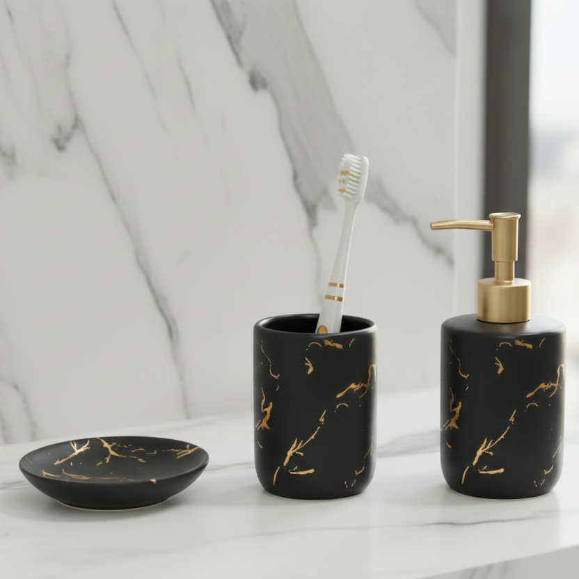 Karaca Home Marco Badeværelsessæt – 3 Dele - Sort/Guld Keramik
