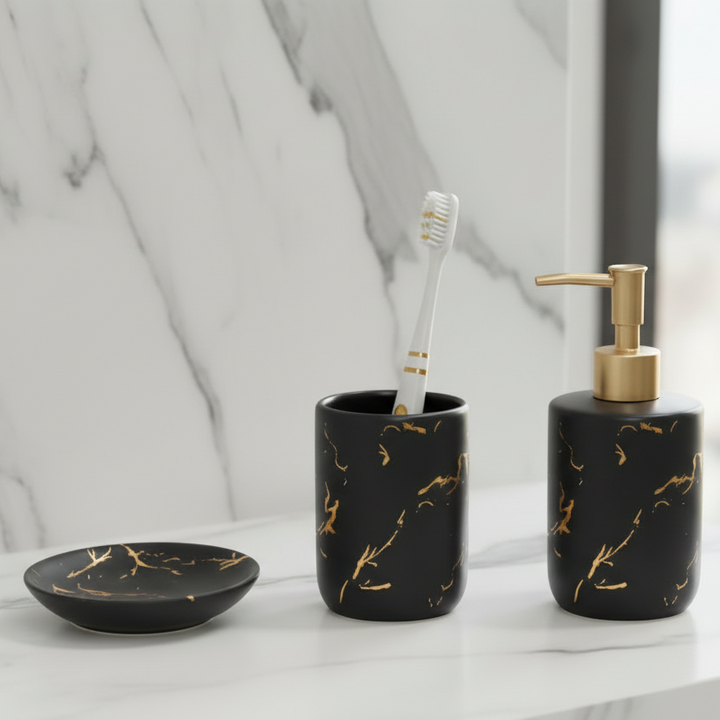 Karaca Home Marco Badeværelsessæt – 3 Dele - Sort/Guld Keramik