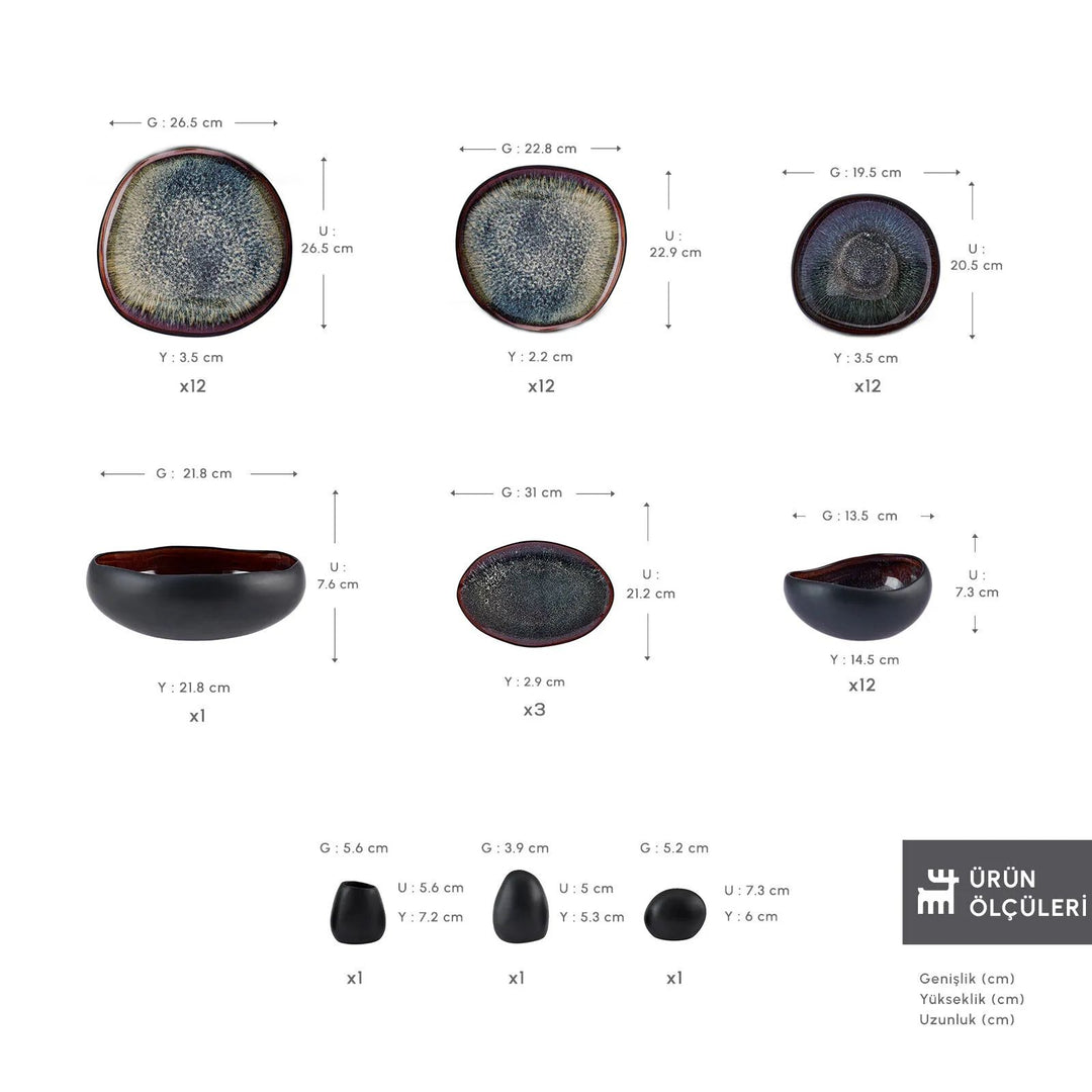 Karaca Earth Collection - New Galactic Stentøj Tallerkensæt – 55 dele til 12 personer | Sort