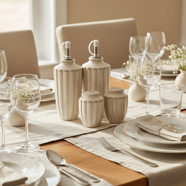 Almina Bloomy - Menagesæt til eddike, olie, salt &amp; peber - 4 dele │ Cremefarvet porcelæn - Løven Home