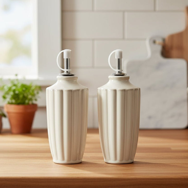 Almina Bloomy - Menagesæt til eddike, olie, salt &amp; peber - 4 dele │ Cremefarvet porcelæn - Løven Home