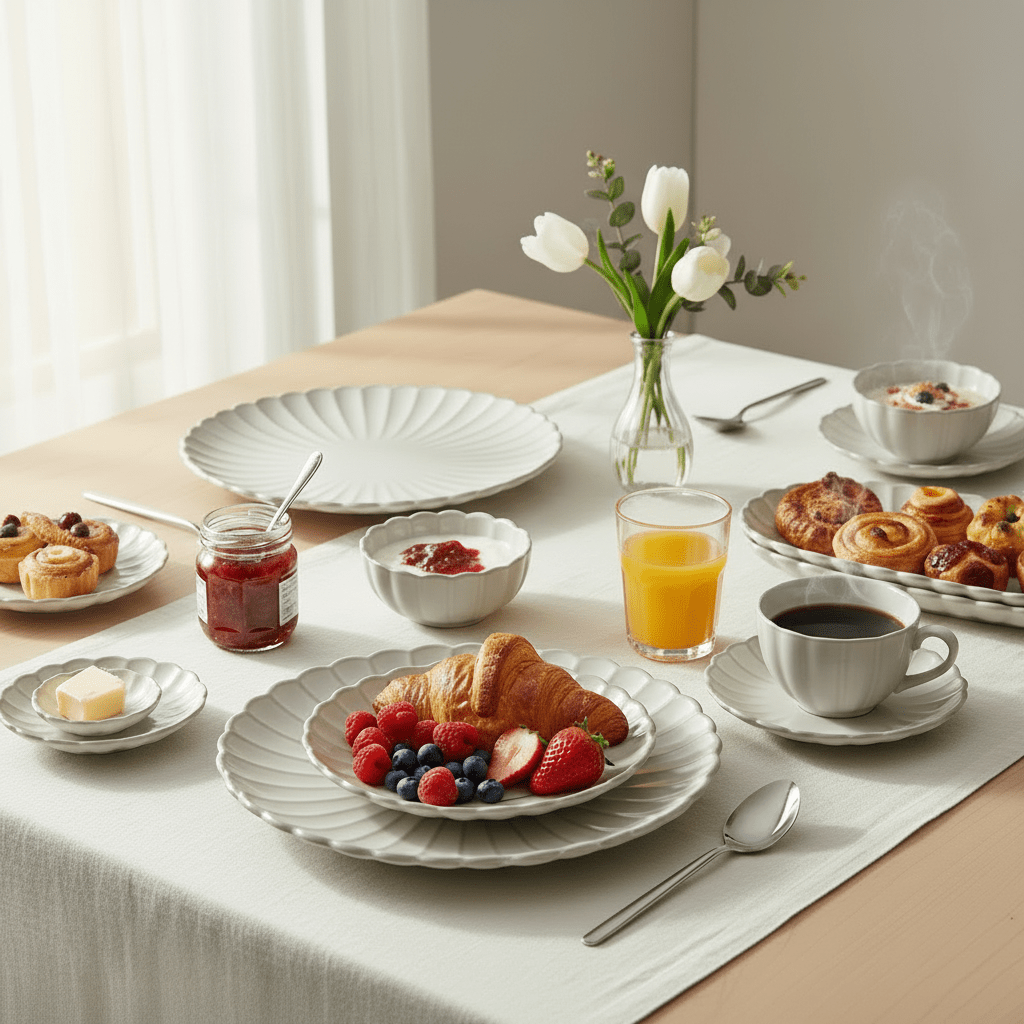 Almina Bloomy Morgenmadssæt til 6 personer - 31 dele - Bølget - Creme/Beige - Løven Home