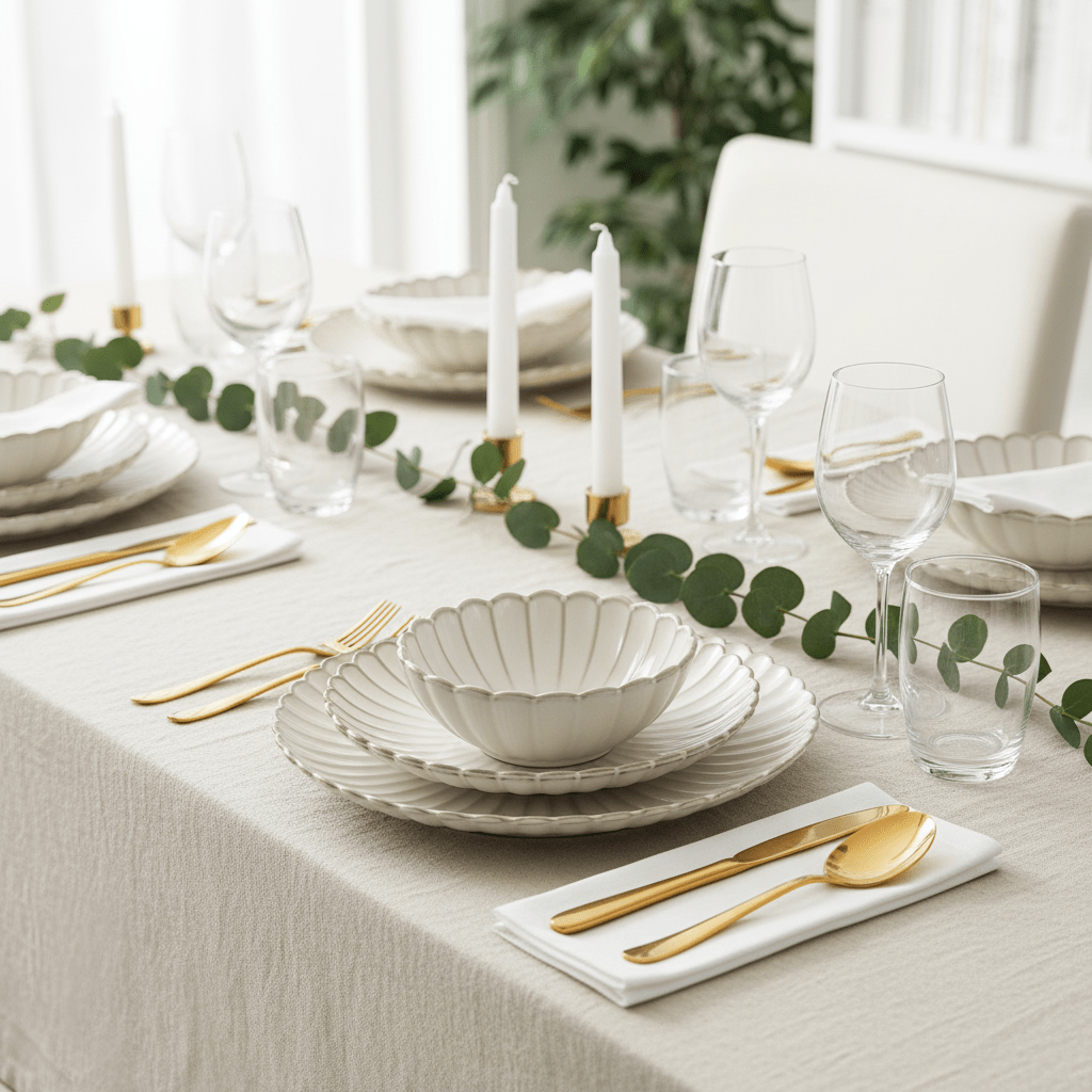 Almina Bloomy Porcelænssæt til 6 personer - 26 dele - Bølget - Creme/Beige - Løven Home