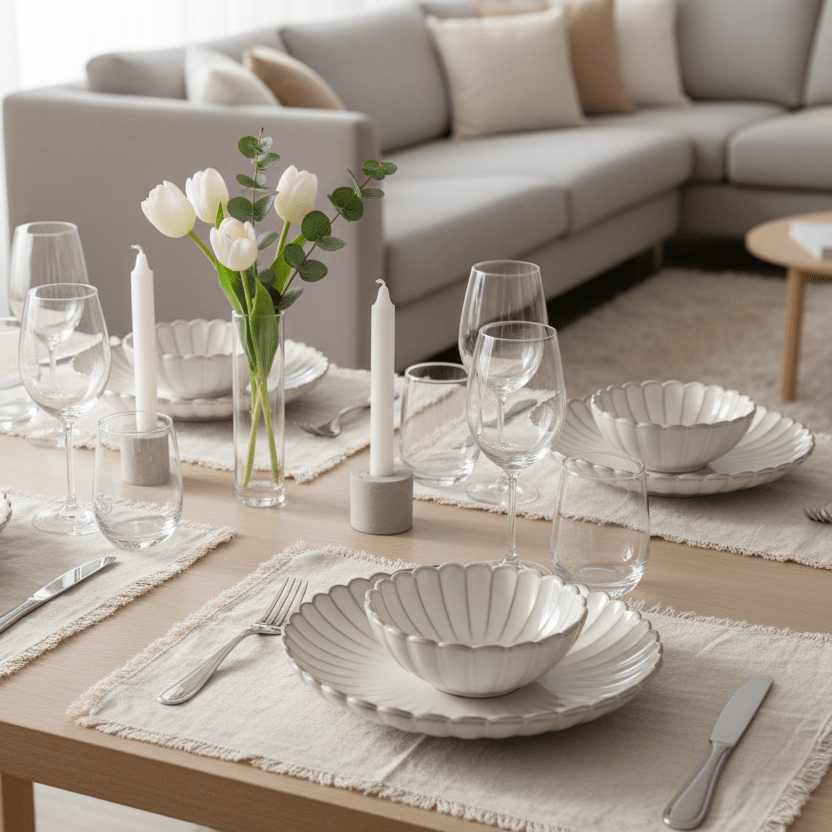 Almina Bloomy Porcelænssæt til 6 personer - 26 dele - Bølget - Creme/Beige - Løven Home