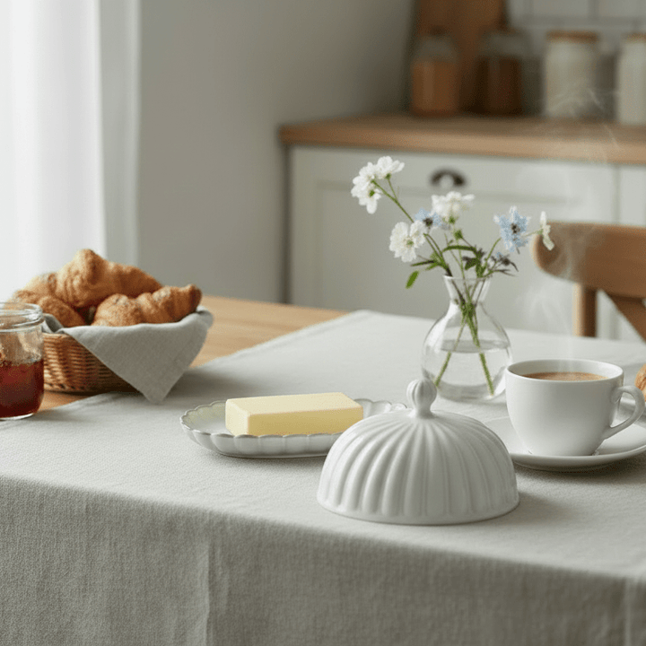 Almina - Bloomy smørboks m/låg - Porcelæn | 18x13x12 cm | Creme - Løven Home