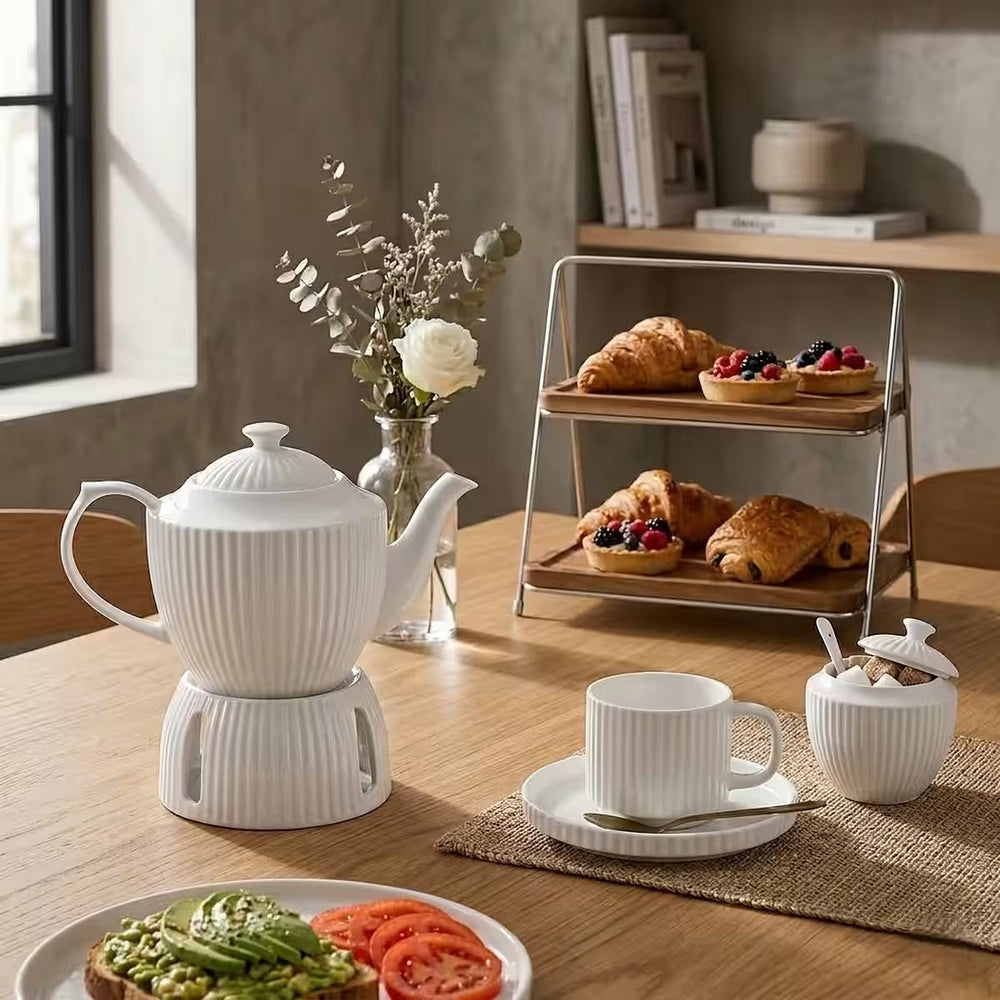 Almina - Borneo tepotte med fyrfadsvarmer - 1 liter | Porcelæn | Råhvid - Løven Home