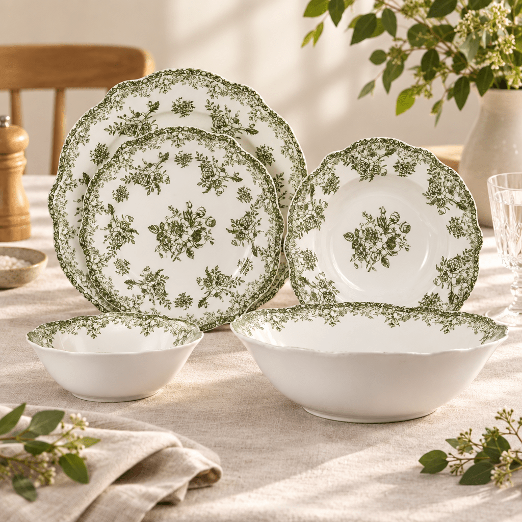 Almina Botanica - Porcelæn tallerkensæt - 25 Dele | 6 Personer | Olivengrøn - Løven Home