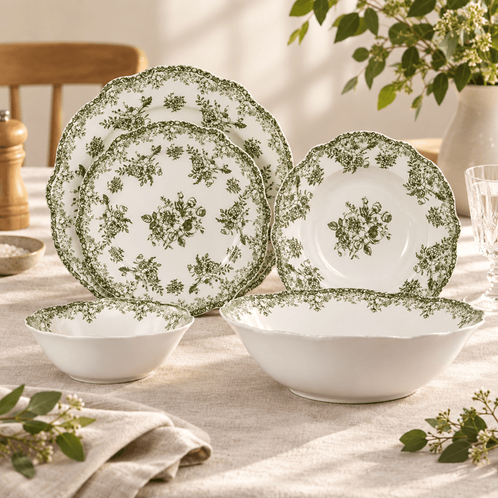 Almina Botanica - Porcelæn tallerkensæt - 25 Dele | 6 Personer | Olivengrøn - Løven Home
