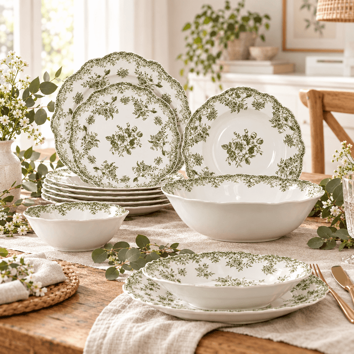 Almina Botanica - Porcelæn tallerkensæt - 25 Dele | 6 Personer | Olivengrøn - Løven Home