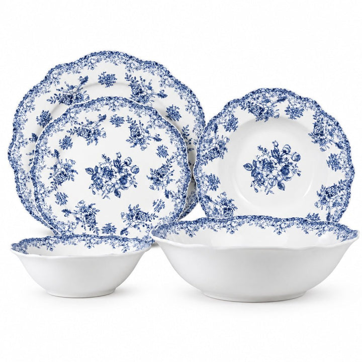Almina Botanica - Porcelæn tallerkensæt - 25 Dele | 6 Personer | Safirblå - Løven Home