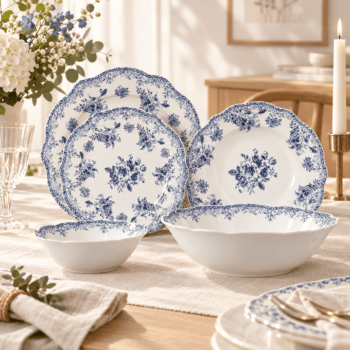 Almina Botanica - Porcelæn tallerkensæt - 25 Dele | 6 Personer | Safirblå - Løven Home