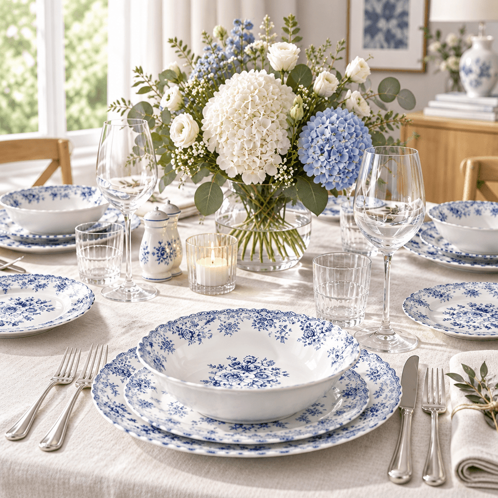 Almina Botanica - Porcelæn tallerkensæt - 25 Dele | 6 Personer | Safirblå - Løven Home