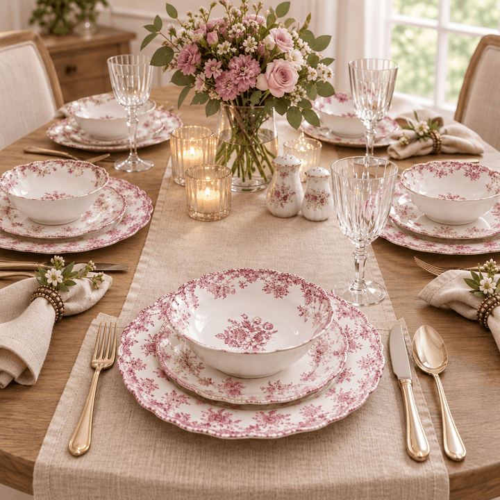 Almina Botanica - Porcelæn tallerkensæt - 25 Dele | 6 Personer | Velourrød - Løven Home