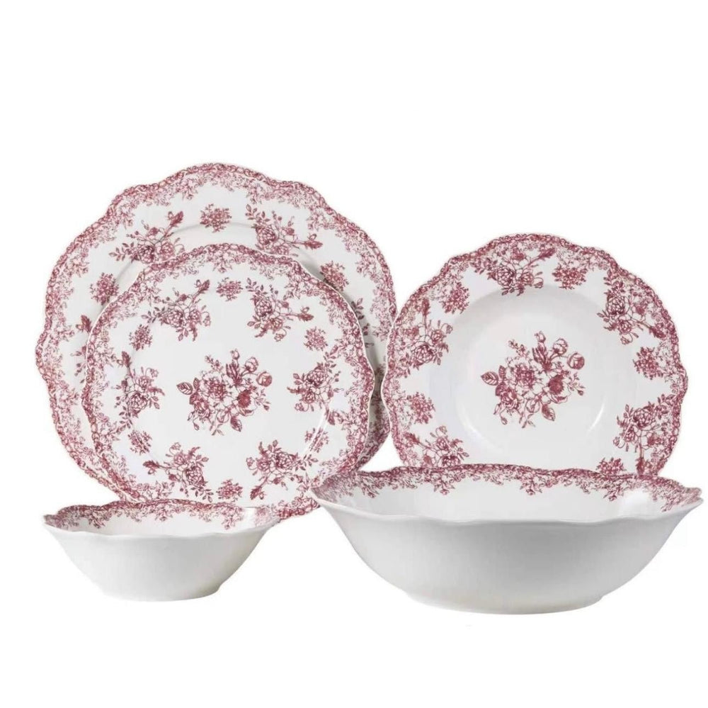 Almina Botanica - Porcelæn tallerkensæt - 25 Dele | 6 Personer | Velourrød - Løven Home