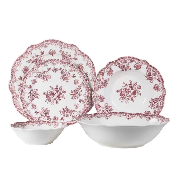 Almina Botanica - Porcelæn tallerkensæt - 25 Dele | 6 Personer | Velourrød - Løven Home
