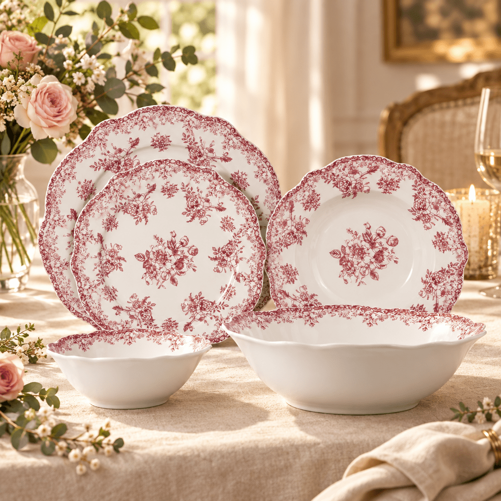 Almina Botanica - Porcelæn tallerkensæt - 25 Dele | 6 Personer | Velourrød - Løven Home