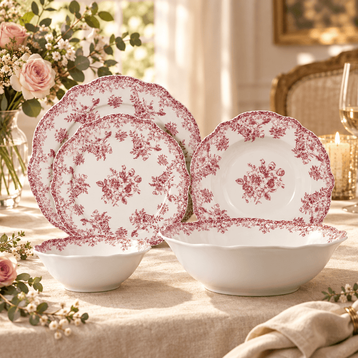 Almina Botanica - Porcelæn tallerkensæt - 25 Dele | 6 Personer | Velourrød - Løven Home