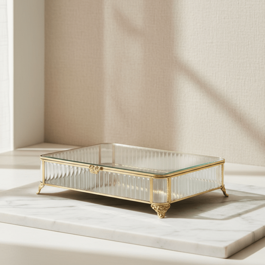 Almina - Elegance dekorativ opbevaringsboks – 35 × 25 × 8 cm | Glas/metal | Transparent/guld - Løven Home