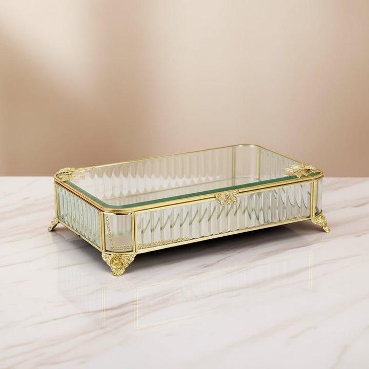 Almina - Elegance dekorativ opbevaringsboks – 35 × 25 × 8 cm | Glas/metal | Transparent/guld - Løven Home