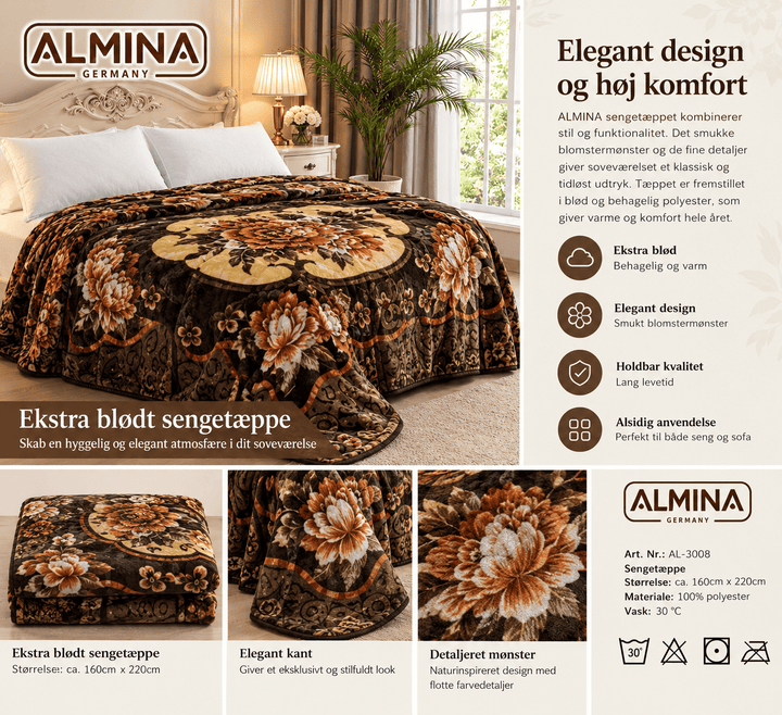 ALMINA Germany – Sengetæppe Blomstermønstre - 160 × 220 cm - Løven Home