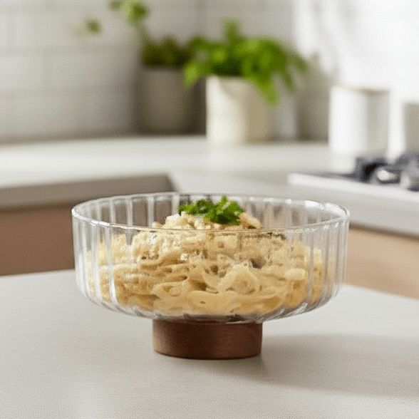Almina - Luana Bowl Grande glasskål på træfod – Ø25 cm | Glas/akacietræ | Klar/brun - Løven Home