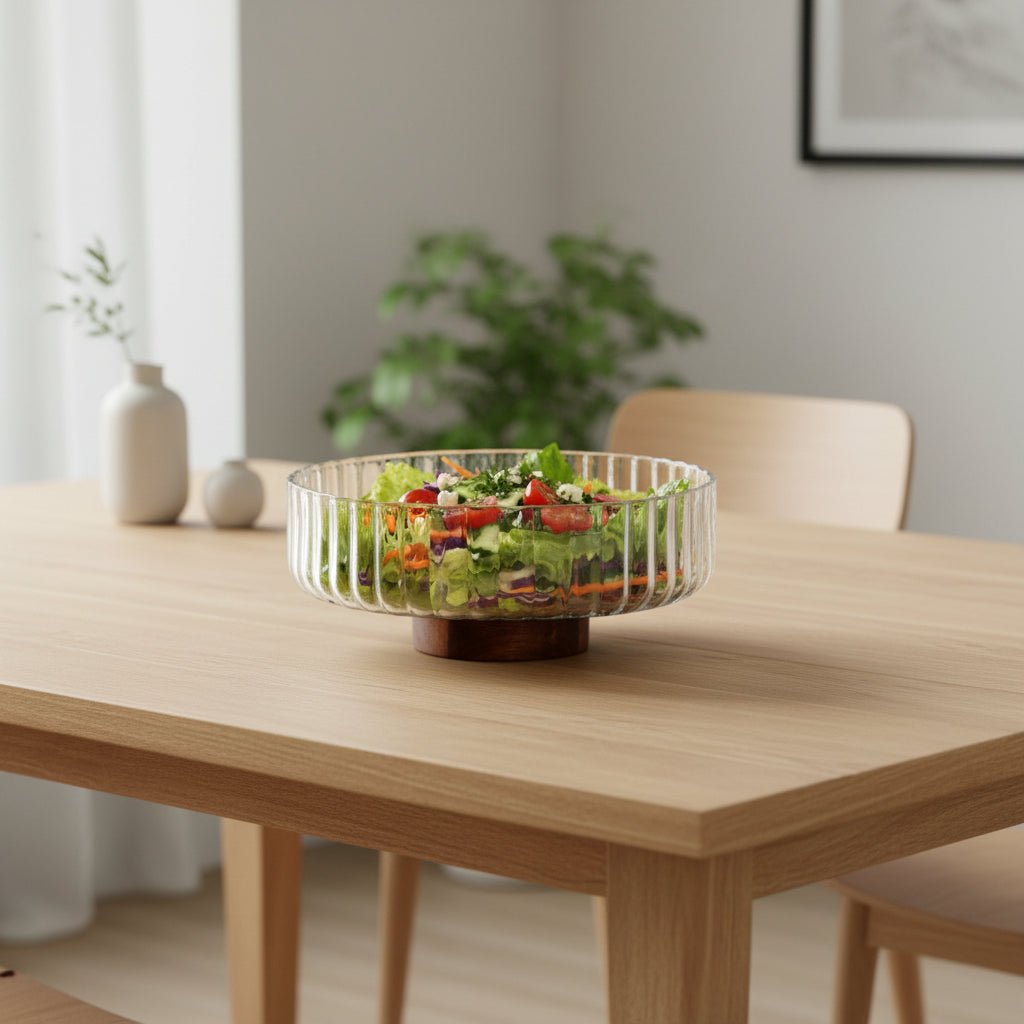 Almina - Luana Bowl Grande glasskål på træfod – Ø25 cm | Glas/akacietræ | Klar/brun - Løven Home