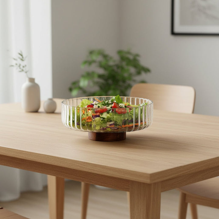 Almina - Luana Bowl Grande glasskål på træfod – Ø25 cm | Glas/akacietræ | Klar/brun - Løven Home