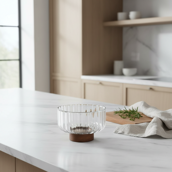 Almina - Luana Bowl Piccola glasskål på fod -  Ø14 cm / Glas/Akacietræ / Klar/brun
