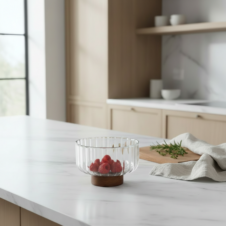 Almina - Luana Bowl Piccola glasskål på fod -  Ø14 cm / Glas/Akacietræ / Klar/brun