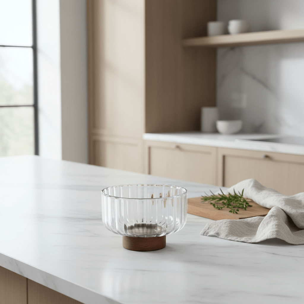 Almina - Luana Bowl Piccola glasskål på fod - Ø14 cm | Glas/Akacietræ | Klar/brun - Løven Home