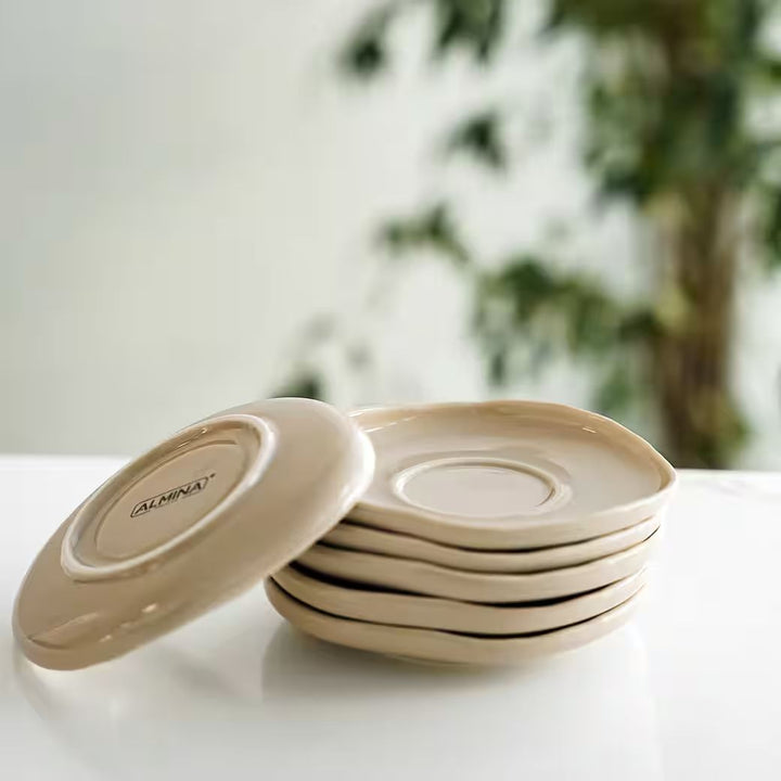 Almina porcelæn underkopper 6 stk - Wave Biscuit - Beige - Løven Home