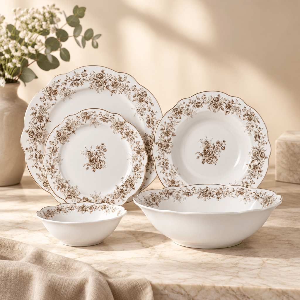 Almina Rosemont - Porcelæn tallerkensæt - 25 Dele | 6 Personer | Mokkabrun - Løven Home