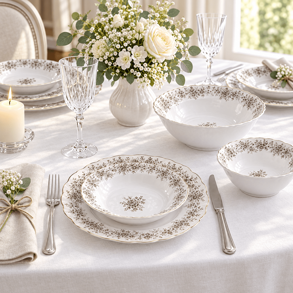 Almina Rosemont - Porcelæn tallerkensæt - 25 Dele | 6 Personer | Mokkabrun - Løven Home
