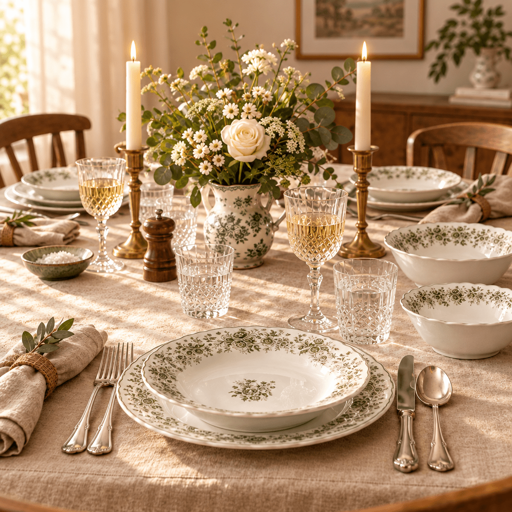 Almina Rosemont - Porcelæn tallerkensæt - 25 Dele | 6 Personer | Olivengrøn - Løven Home