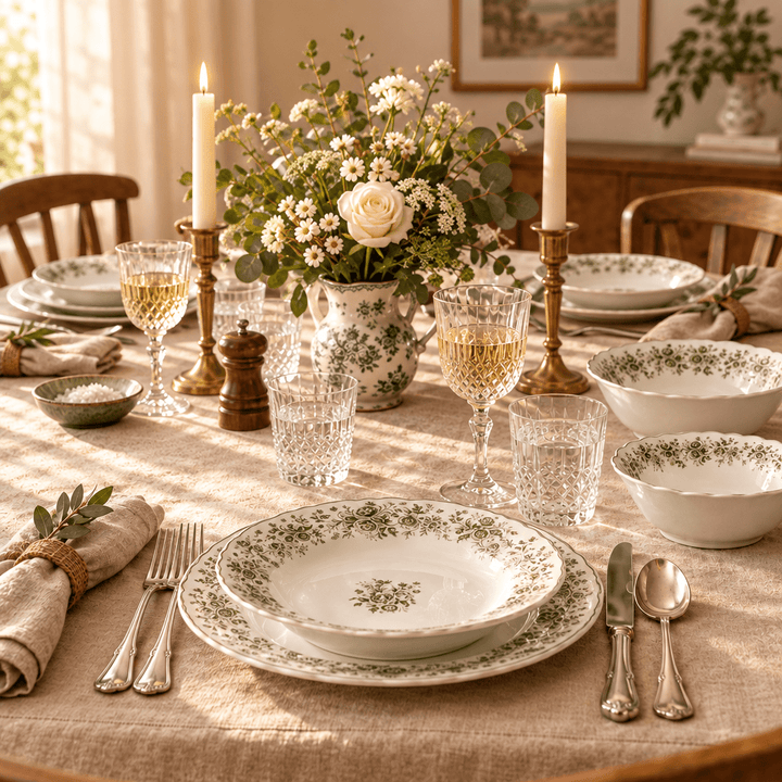 Almina Rosemont - Porcelæn tallerkensæt - 25 Dele | 6 Personer | Olivengrøn - Løven Home
