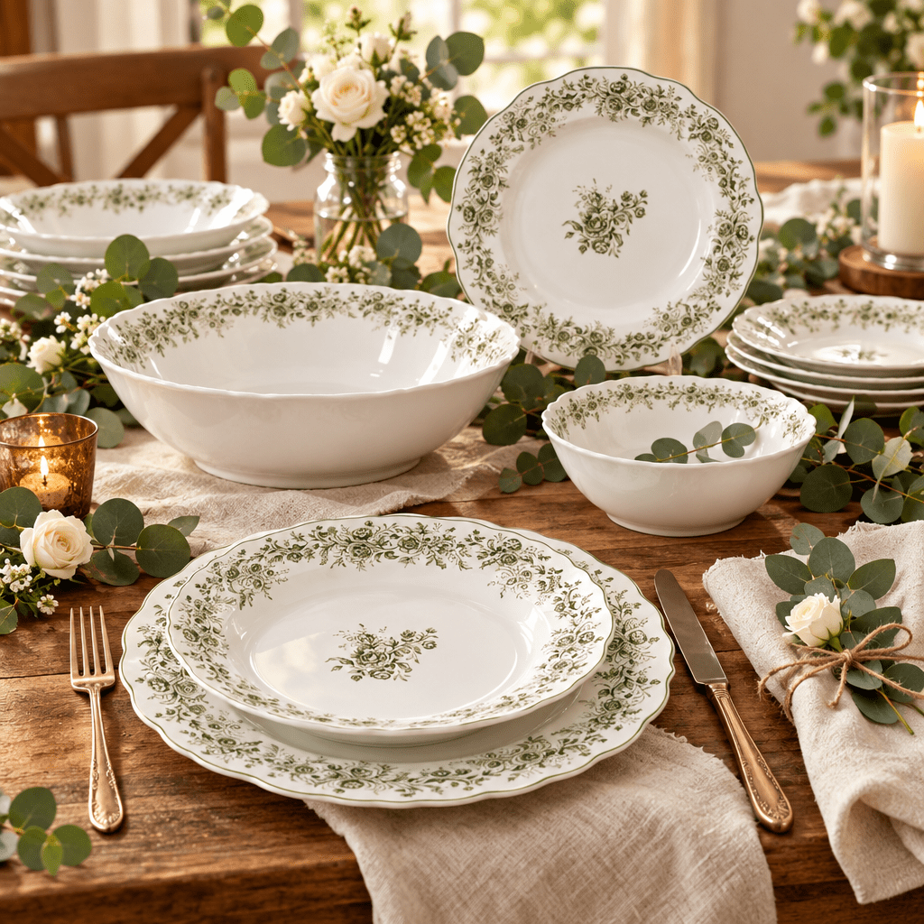 Almina Rosemont - Porcelæn tallerkensæt - 25 Dele | 6 Personer | Olivengrøn - Løven Home