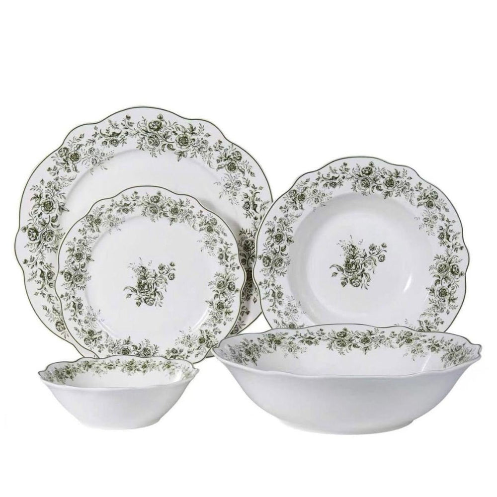 Almina Rosemont - Porcelæn tallerkensæt - 25 Dele | 6 Personer | Olivengrøn - Løven Home