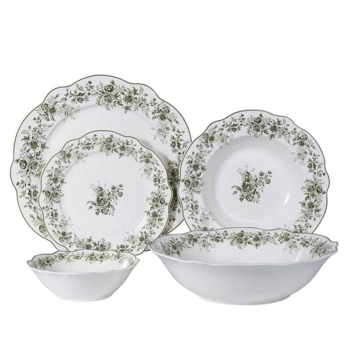 Almina Rosemont - Porcelæn tallerkensæt - 25 Dele | 6 Personer | Olivengrøn - Løven Home