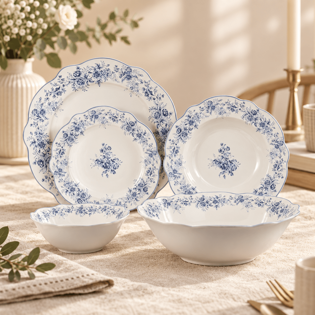 Almina Rosemont - Porcelæn tallerkensæt - 25 Dele | 6 Personer | Safirblå - Løven Home