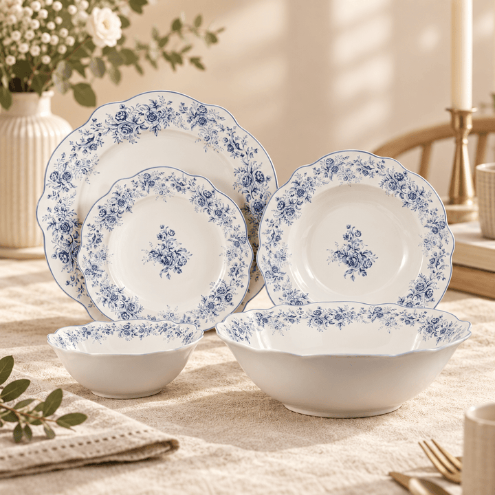 Almina Rosemont - Porcelæn tallerkensæt - 25 Dele | 6 Personer | Safirblå - Løven Home