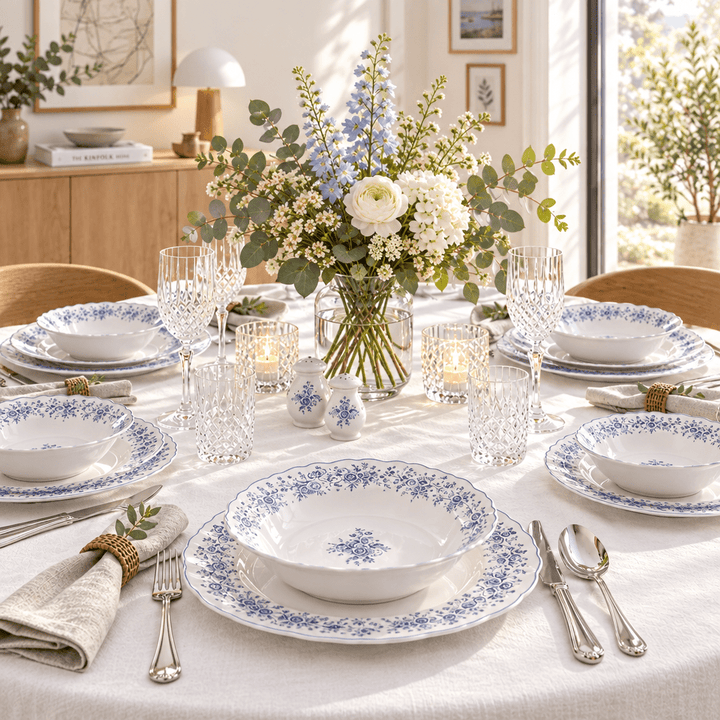 Almina Rosemont - Porcelæn tallerkensæt - 25 Dele | 6 Personer | Safirblå - Løven Home